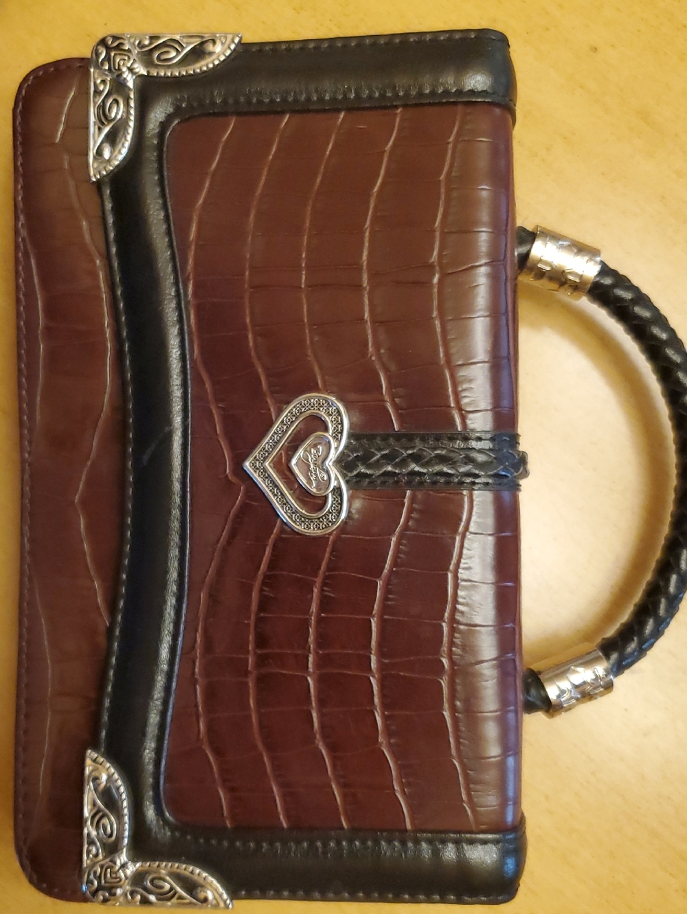 Brown Croc-Embossed Handbag with Heart Accent